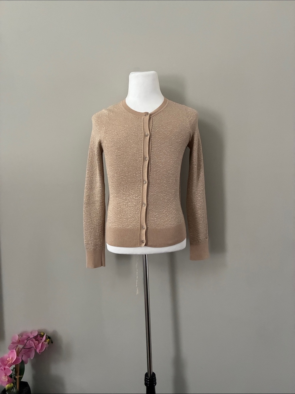 LOFT Tan Button-Front Crew Cardigan